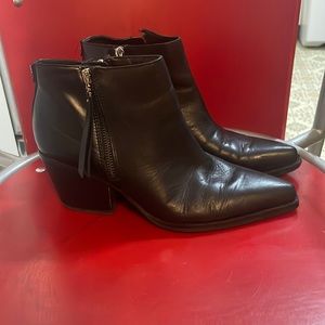 These are black leather ankle booties with 2 sliver zippers on the sides.